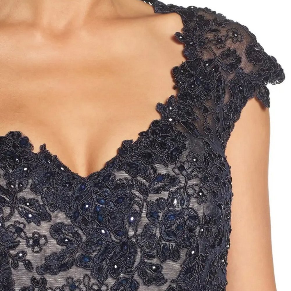 La Femme Navy Blue Embellished Lace & Satin Trumpet Gown - Picture 7 of 7